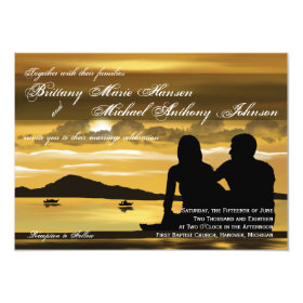 Sunset Silhouette Mountain Lake Wedding Invitation 4.5