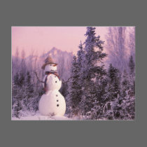 Sunset Snowman in the Winter Mountains postcards