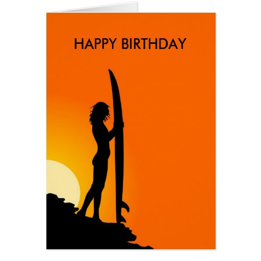 Sunset Surfer Girl With Surfboard Happy Birthday Card Zazzle 