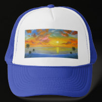 Sunset View Seascape Landscape Painting - Multi hats