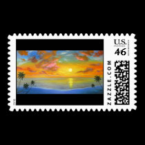 Sunset View Seascape Landscape Painting - Multi stamps