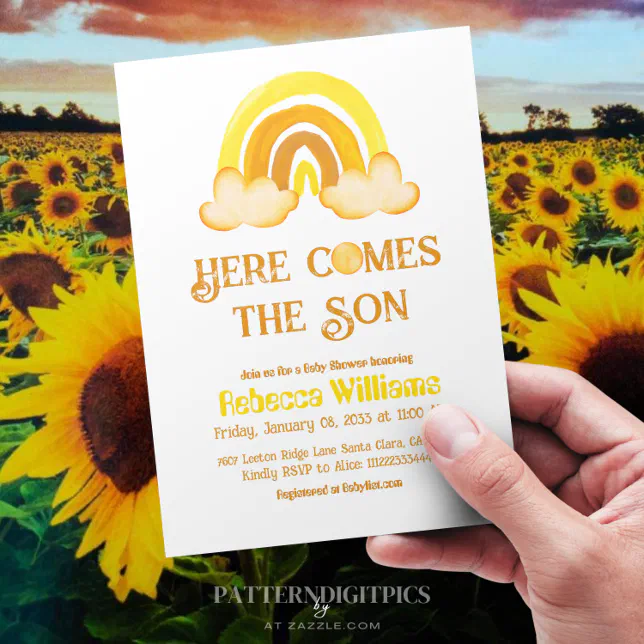 Sunshine Rainbow Here Comes The Son Baby Shower Invitation Zazzle