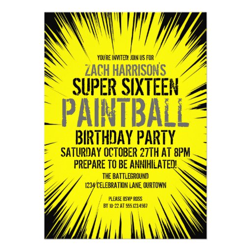 Super 16 Paintball Party Invitations