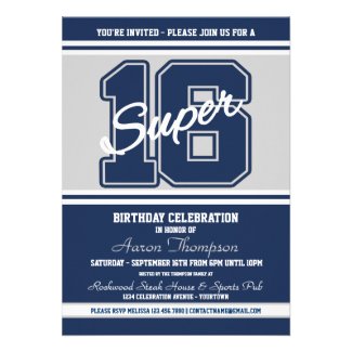 Super 16 Sports Blue White Party Invitation