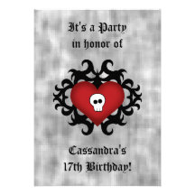 Super cute gothic damask skull heart black and red custom invite