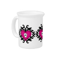 Super cute gothic damask skull heart black fuschia beverage pitcher