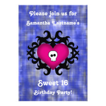 Super cute gothic damask skull heart fuschia blue announcements