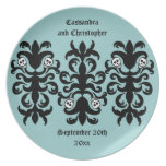 Super cute gothic skull damask on blue party plate