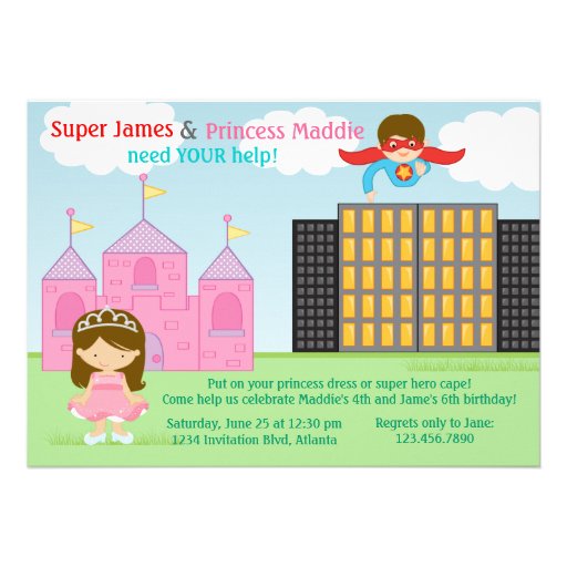 Super Hero and Princess Twins Joint Birthday Party Invitation (front side)