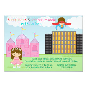 Super Hero and Princess Twins Joint Birthday Party 5x7 Paper Invitation Card