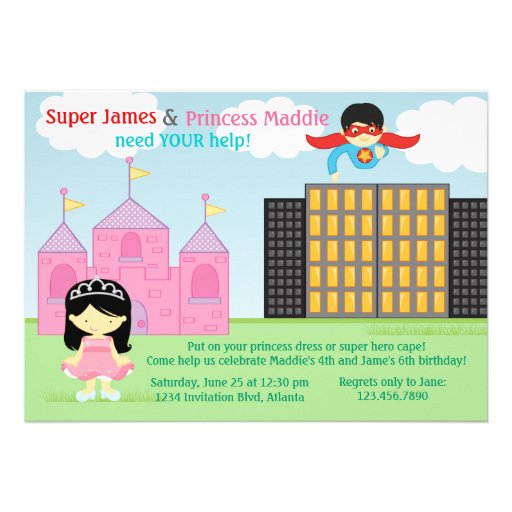 Super Hero and Princess Twins Joint Birthday Party Personalized Invites
