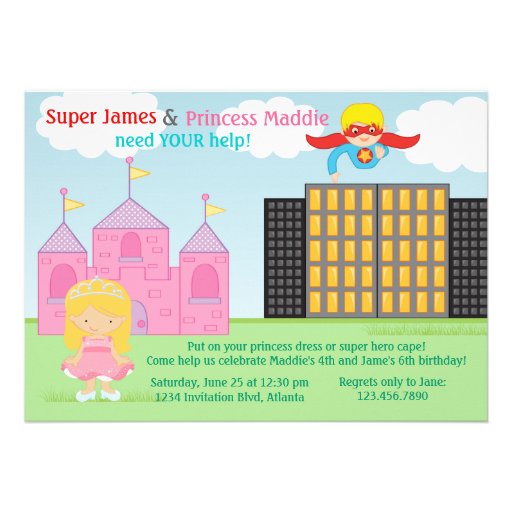 Super Hero and Princess Twins Joint Birthday Party Custom Announcements