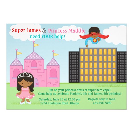 Super Hero and Princess Twins Joint Birthday Party Personalized Invite