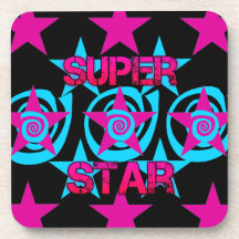 Super Star Hot Pink Teal Swirls Stars Pattern Beverage Coasters