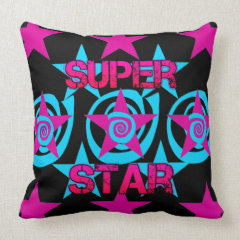 Super Star Hot Pink Teal Swirls Stars Pattern Throw Pillows