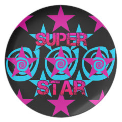 Super Star Hot Pink Teal Swirls Stars Pattern Dinner Plates