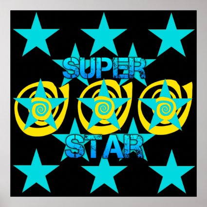 Super Star Teal Yellow Swirls Stars Pattern Print