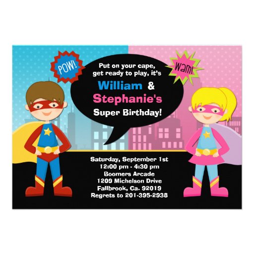 Superhero and Super Girl Birthday Party Invitation