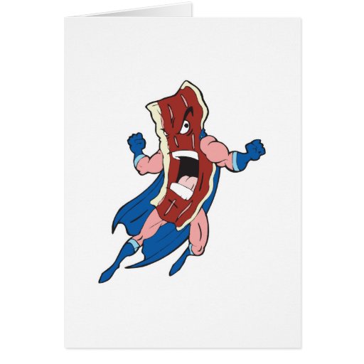 superhero bacon cartoon character greeting card