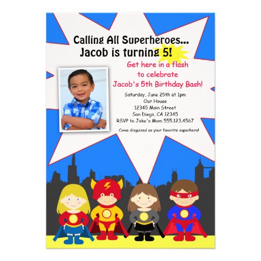 Superhero Birthday Party Photo Invitation (front side)