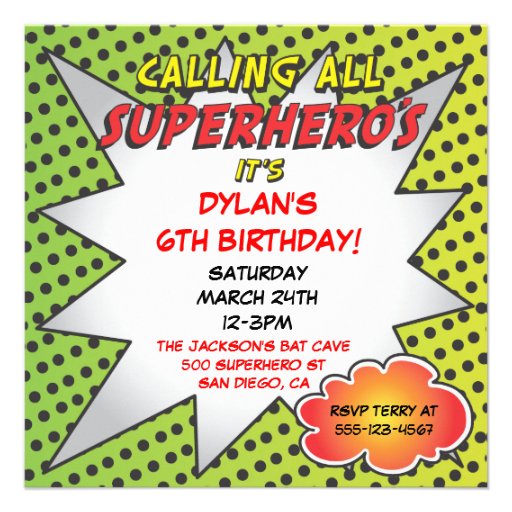 Superhero comic book birthday party photo card custom invites