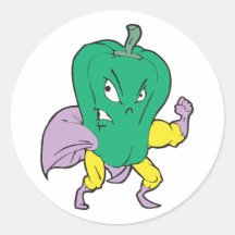 superhero green pepper cartoon character round sticker