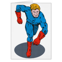 superhero male running punching cartoon greeting cards