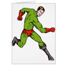 superhero male running punching cartoon card