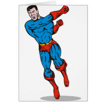 superhero male running punching cartoon greeting card