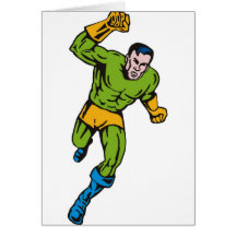 superhero male running punching cartoon greeting card