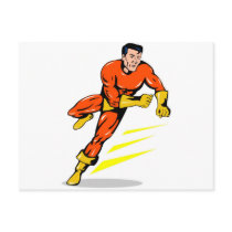 superhero male running punching cartoon postcards