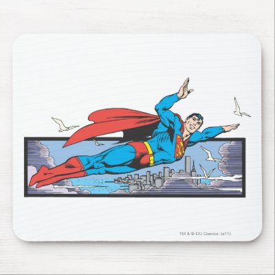 Superman Flies Thru City mousepads