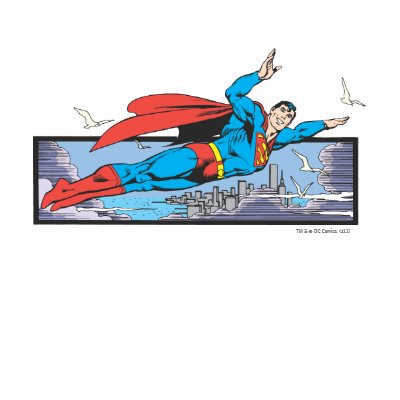 Superman Flies Thru City t-shirts