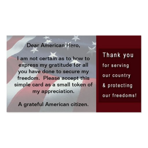 Support The Troops Card Business Card (back side)