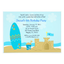 SURF BOARD BEACH SAND CASTLE 5x7 Custom Invitation