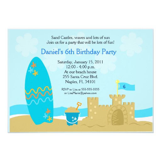 SURF BOARD BEACH SAND CASTLE 5x7 Custom Invitation