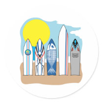 Surf Boards at the Beach Round Sticker