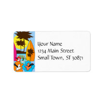 Surf Shop Surfing Ocean Beach Surfboards Palm Tree Address Label