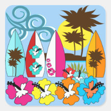 Surf Shop Surfing Ocean Beach Surfboards Palm Tree Square Stickers