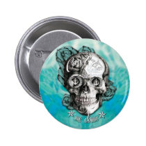 Surfabilly Nautical rose skull on waves background buttons