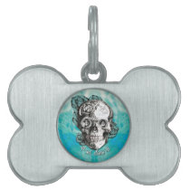 Surfabilly Nautical rose skull on waves background pet tags