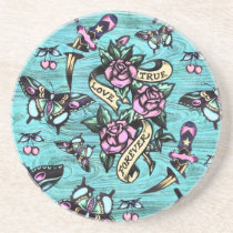 Surfabilly Tattoo Icons Pattern on wood base. coasters