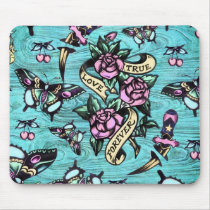 Surfabilly Tattoo Icons Pattern on wood base. mousepads