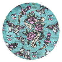 Surfabilly Tattoo Icons Pattern on wood base. plates