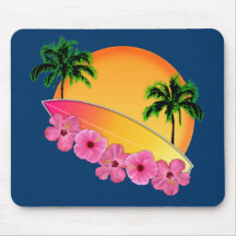 Surfboard and Hibiscus Flowers Mouse Pads