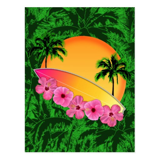 Surfboard and Hibiscus Flowers Postcard Zazzle