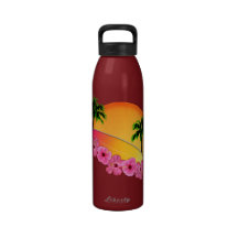 Surfboard and Hibiscus Flowers Reusable Water Bottles