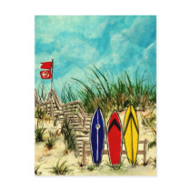 surfboard surf art red yellow and blue artwork post cards