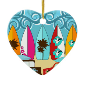 Surfboards Beach Bum Surfing Hippie Vans Double-Sided Heart Ceramic Christmas Ornament
