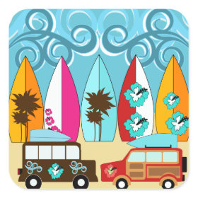 Surfboards Beach Bum Surfing Hippie Vans Square Sticker